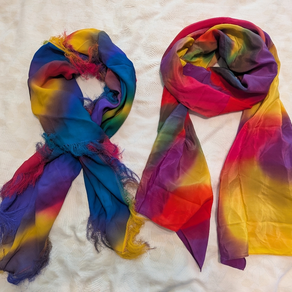 Two 100% Silk Colorful rainbow tie dye rectangle scarf